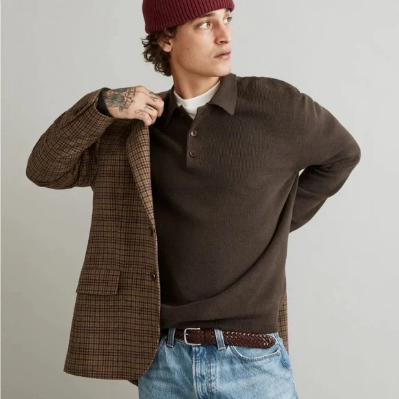 Madewell Ribbed Long-Sleeve Sweater Polo - Picture 1 of 7